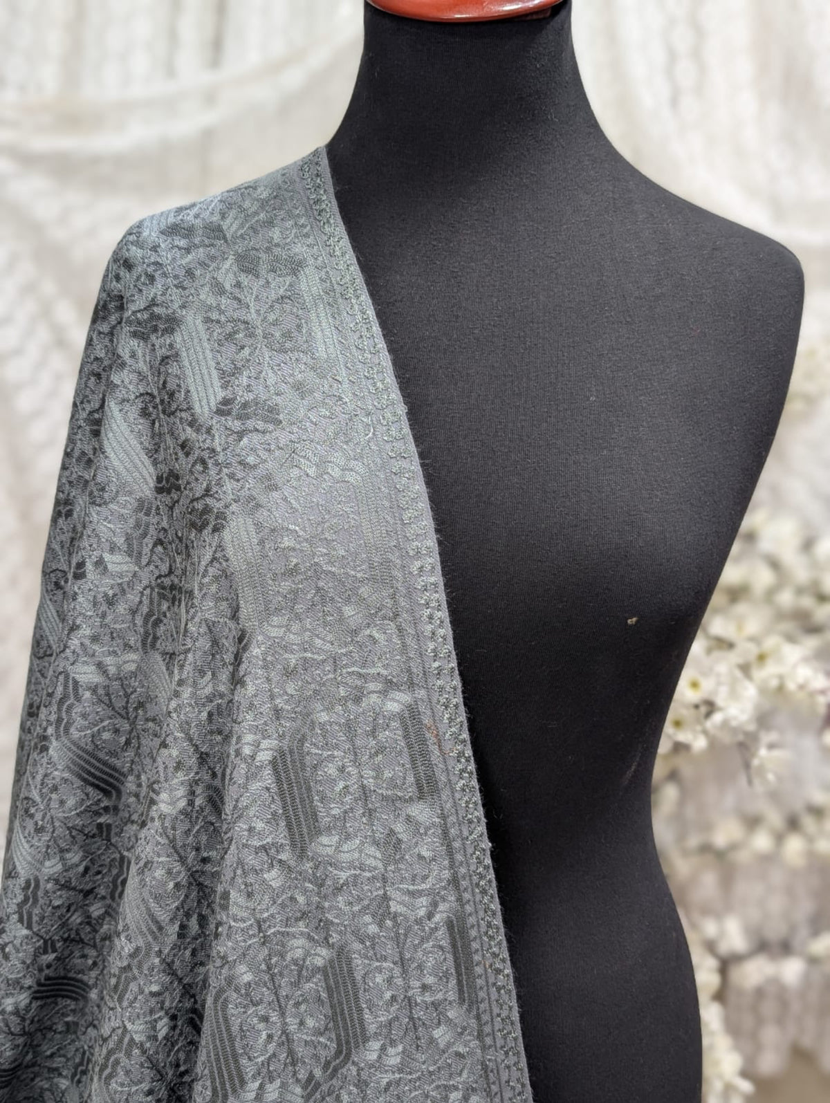 Pashmina Full Embroidered Shawl Nalki Jaal | Grey on Grey