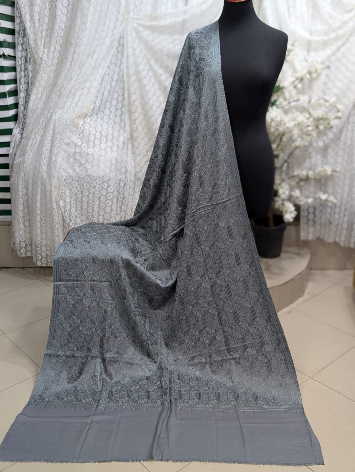 Pashmina Full Embroidered Shawl Nalki Jaal | Grey on Grey