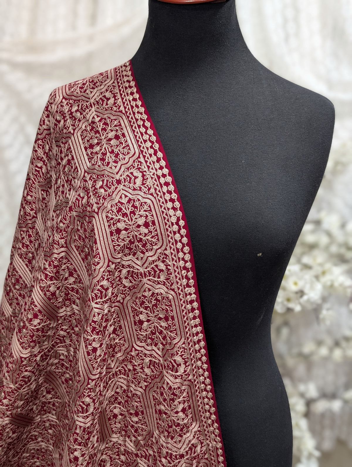 Pashmina Full Embroidered Shawl Nalki Jaal | Skin on Maroon