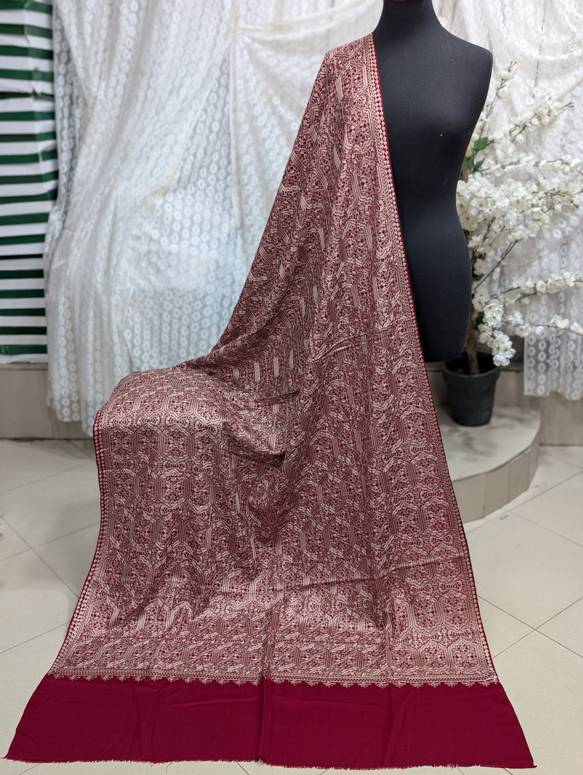 Pashmina Full Embroidered Shawl Nalki Jaal | Skin on Maroon