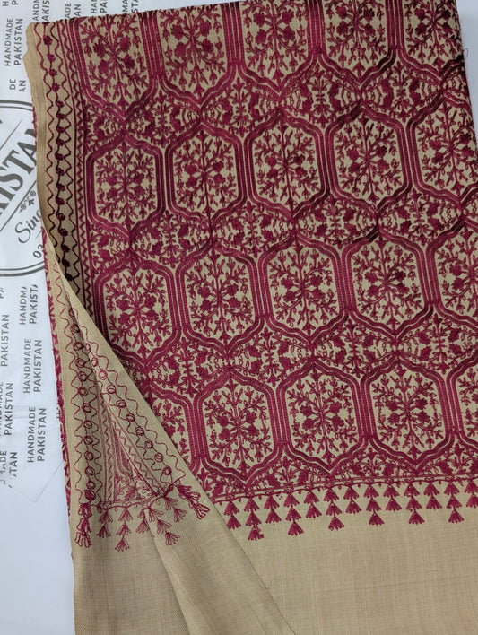 Pashmina Full Embroidered Shawl Nalki Jaal | Maroon on Skin