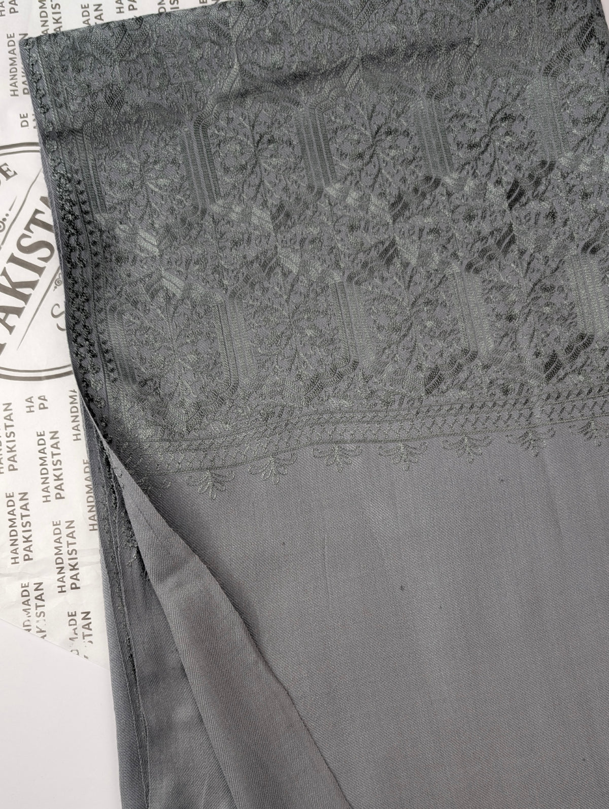 Pashmina Full Embroidered Shawl Nalki Jaal | Grey on Grey