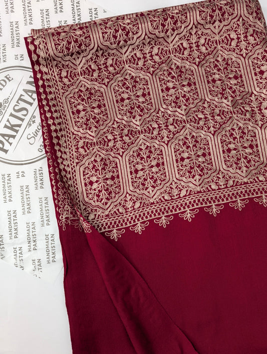 Pashmina Full Embroidered Shawl Nalki Jaal | Skin on Maroon