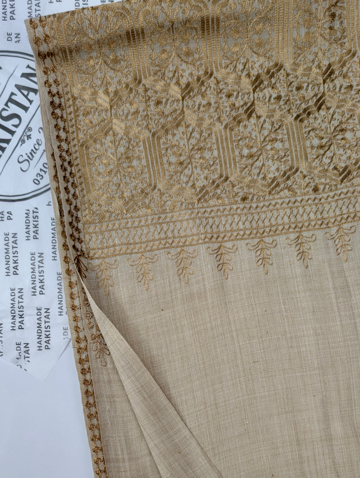Pashmina Full Embroidered Shawl Nalki Jaal | Golden on Skin