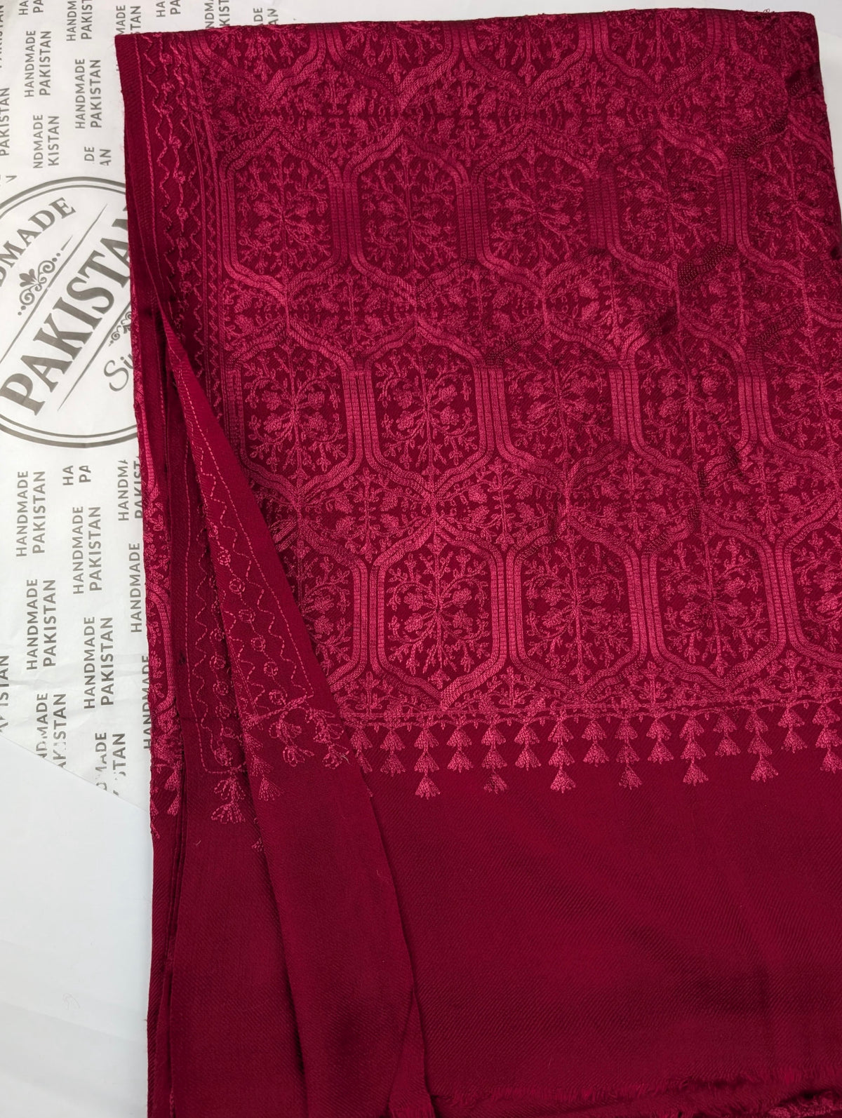 Pashmina Full Embroidered Shawl Nalki Jaal | Maroon on Maroon