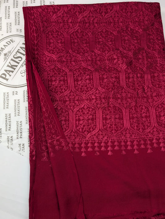 Pashmina Full Embroidered Shawl Nalki Jaal | Maroon on Maroon