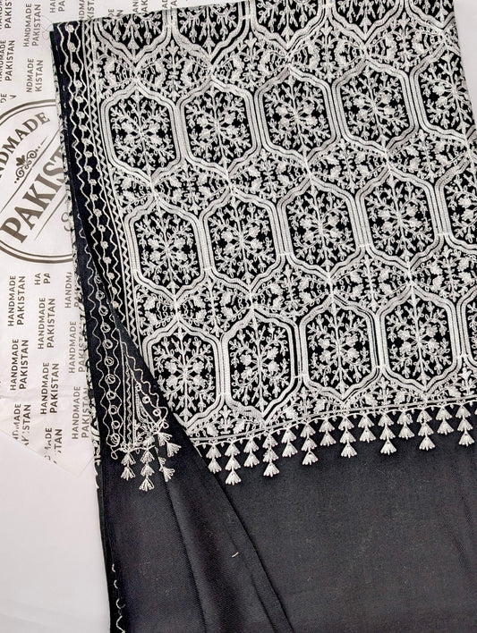 Pashmina Full Embroidered Shawl Nalki Jaal | White on Black