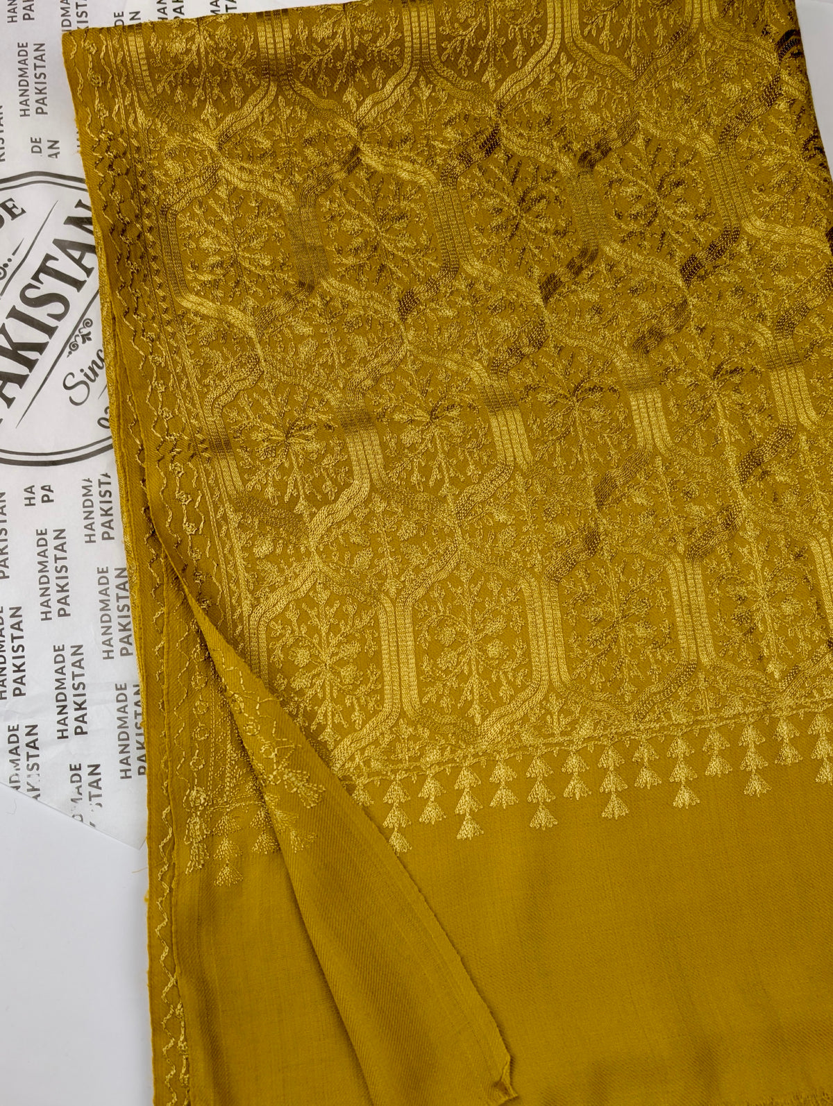 Pashmina Full Embroidered Shawl Nalki Jaal | Mustard on Mustard