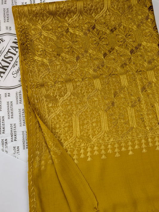 Pashmina Full Embroidered Shawl Nalki Jaal | Mustard on Mustard