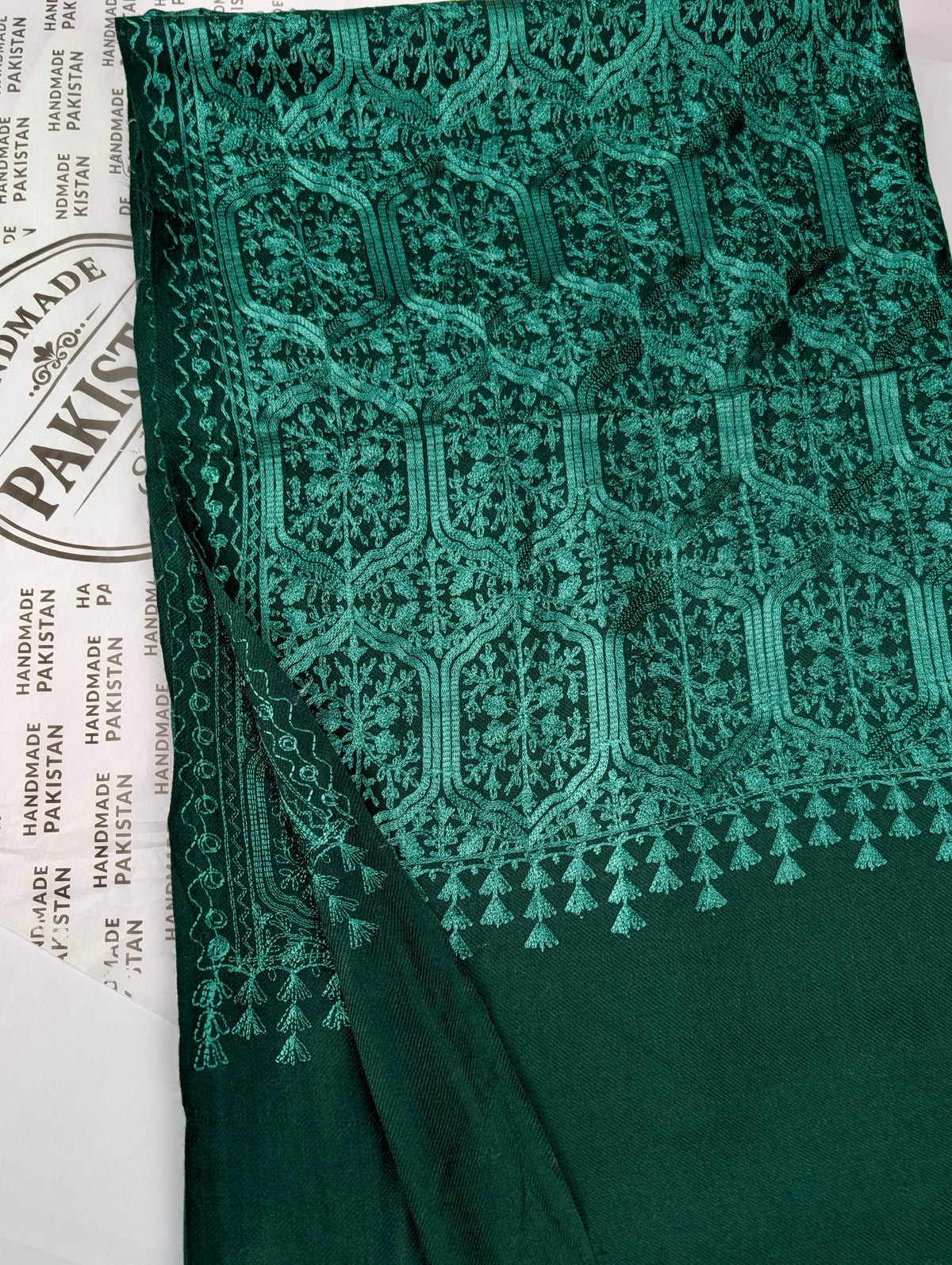 Pashmina Full Embroidered Shawl Nalki Jaal | Green on Green