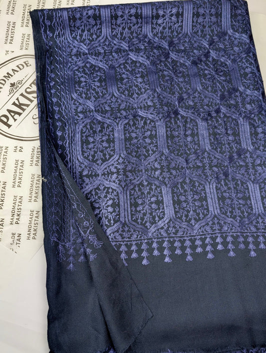 Pashmina Full Embroidered Shawl Nalki Jaal | Blue on Blue