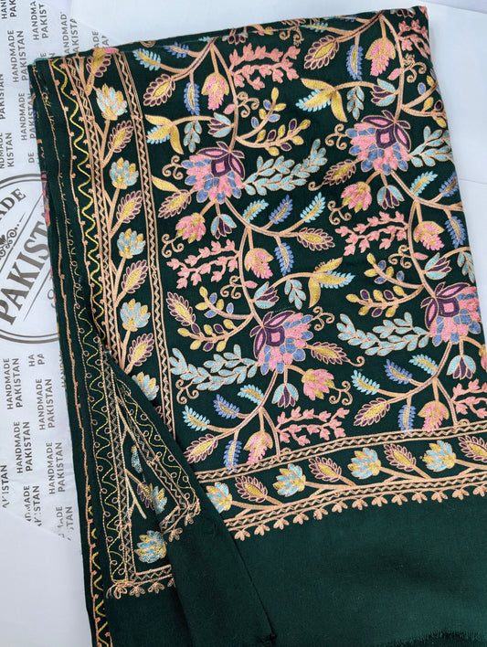 Kashmiri Jaal Shawl | Full Embroidered Shawl Resham Work Aar Embroidery | Dark Green