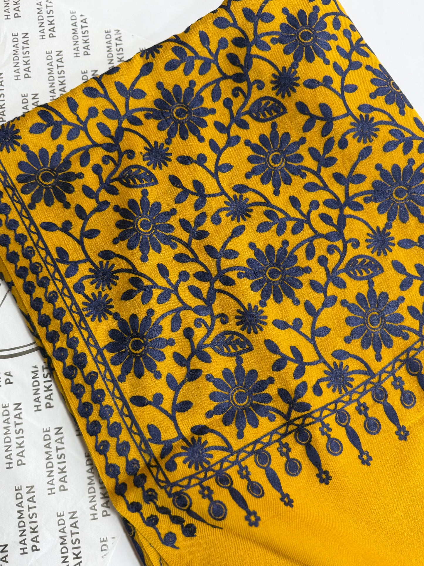 Pashmina Embroidered Shawl Flower Design | Mustard With Blue