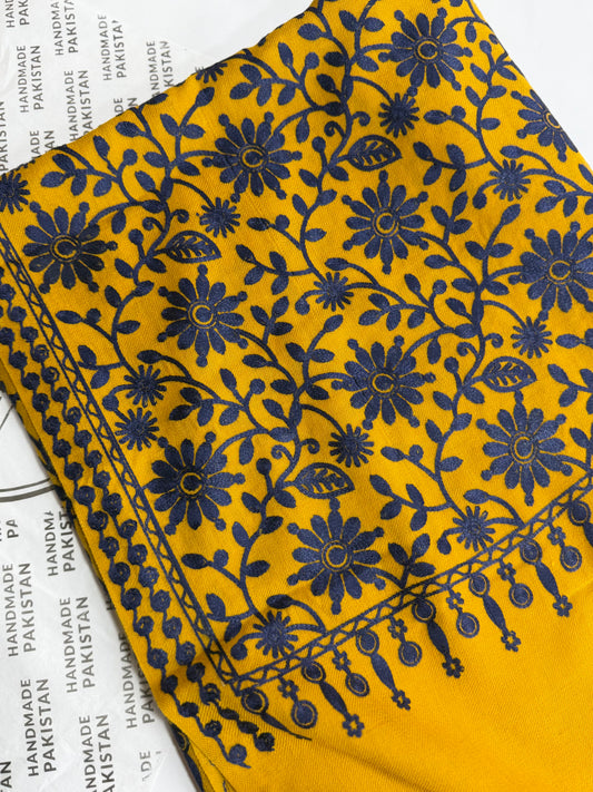 Pashmina Embroidered Shawl Flower Design | Mustard With Blue