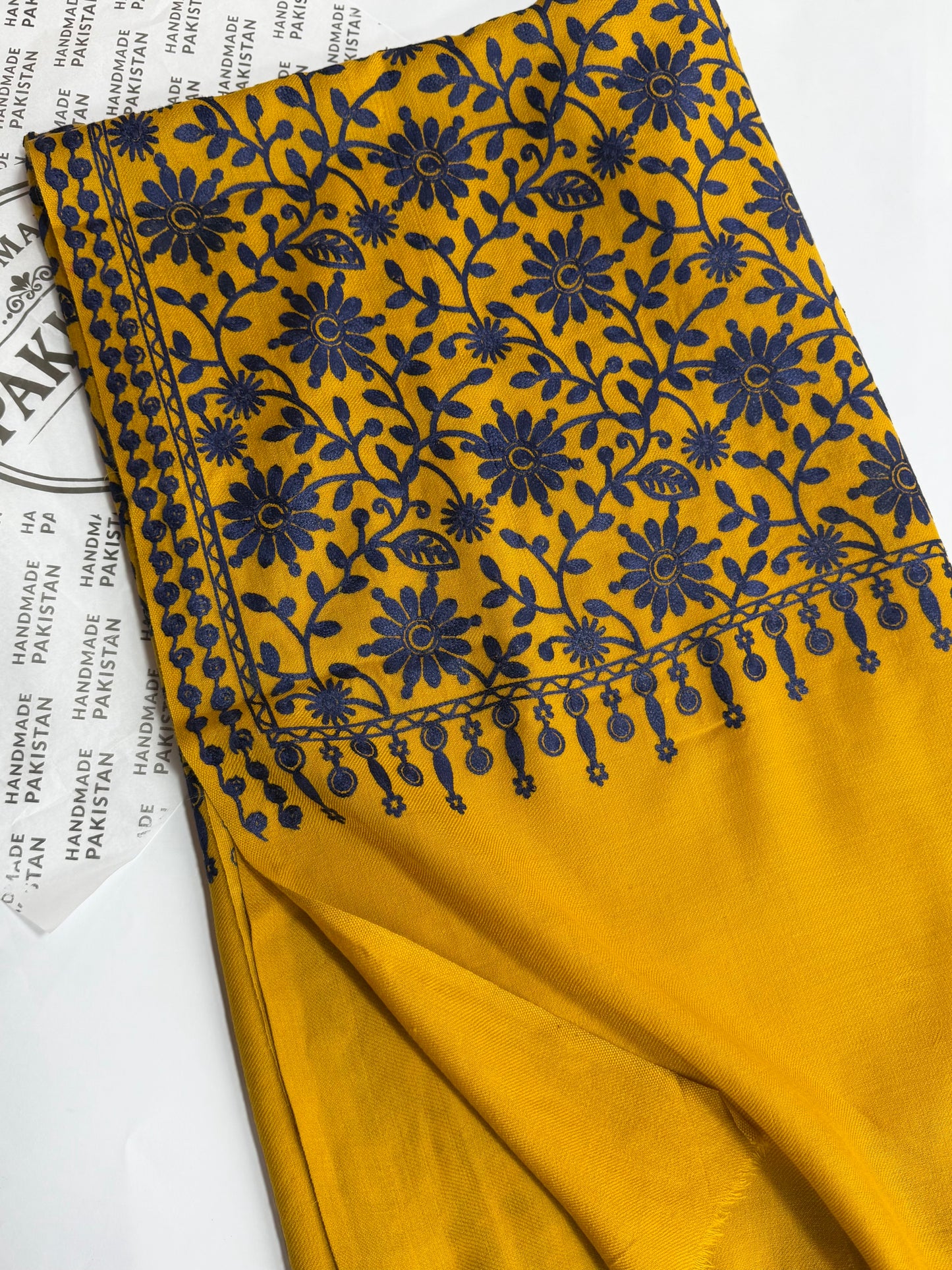 Pashmina Embroidered Shawl Flower Design | Mustard With Blue