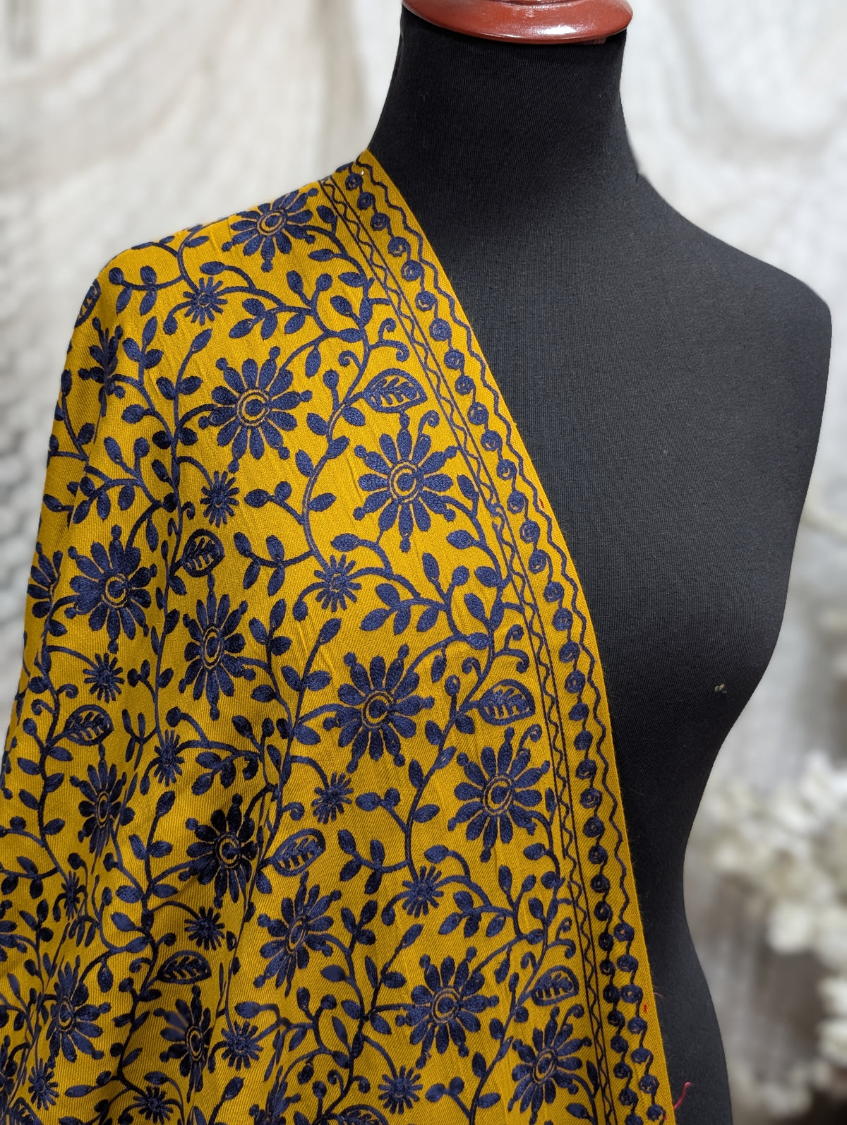 Pashmina Embroidered Shawl Flower Design | Mustard With Blue
