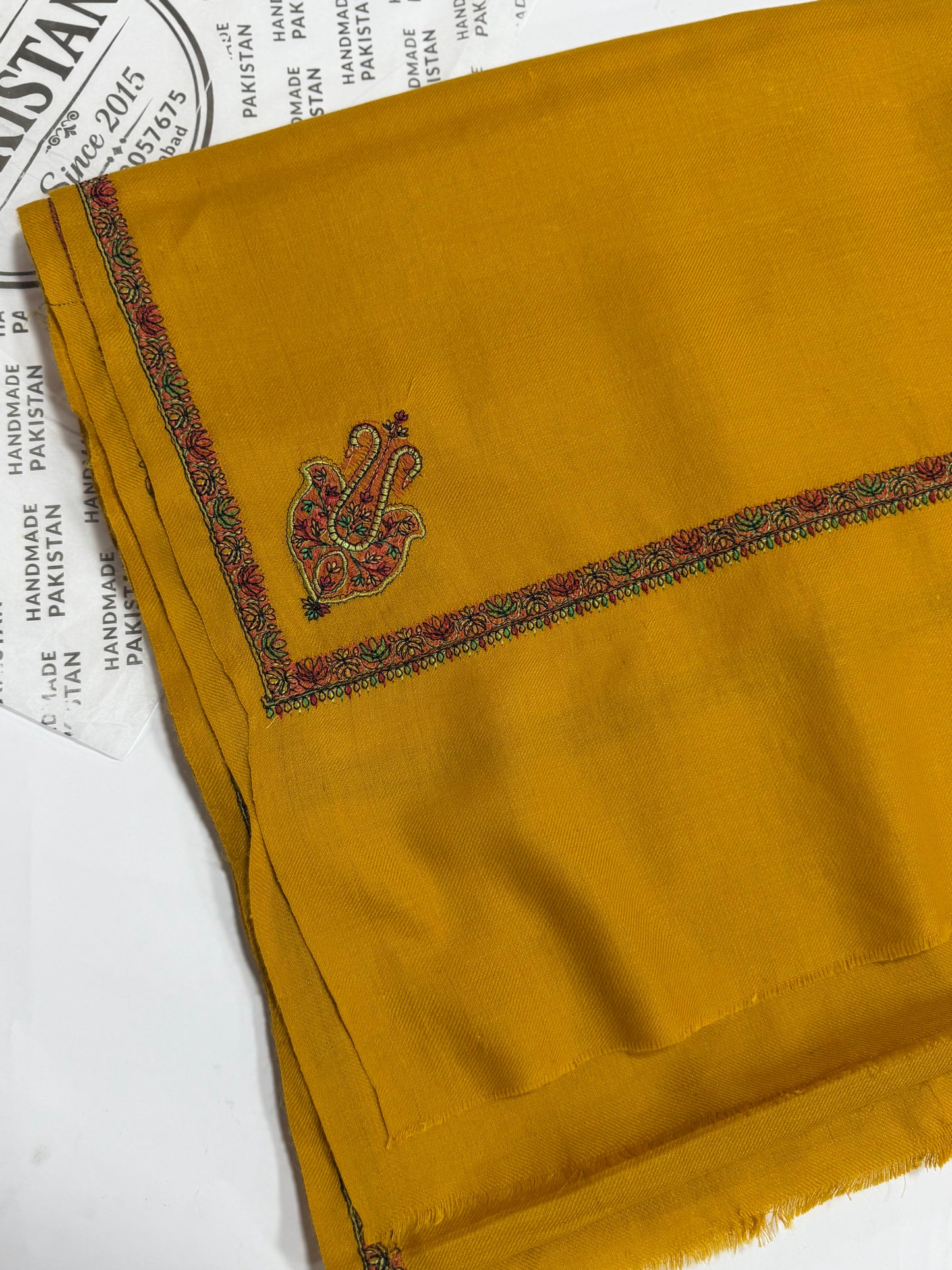 Kingri Border Embroidered Pashmina Shawl | Mustard