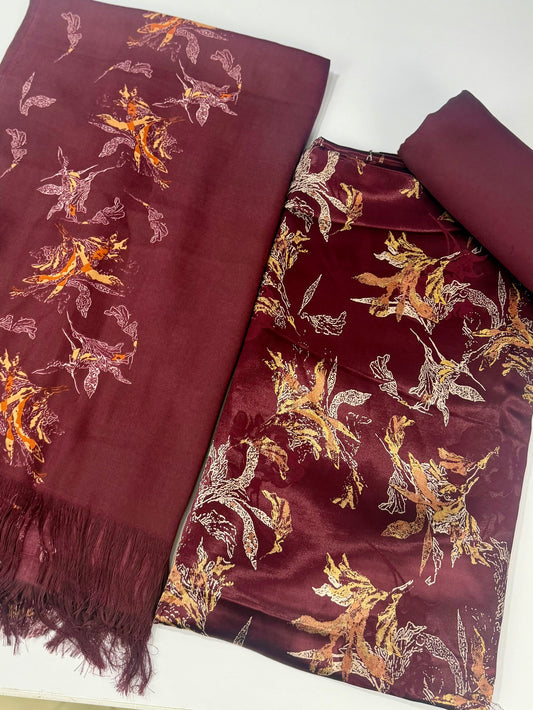 China Pati Suit With Wool Shawl | Pure China Pati Silk | Perfect Material Gift Article