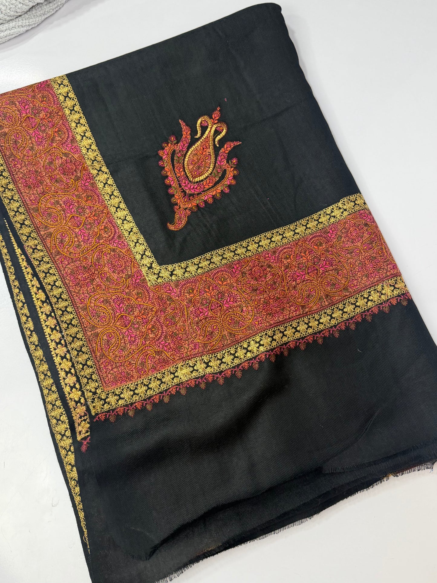 Kashmiri Shawl | Wide Border Papermache Tilla Embroidery Made in Kashmir Pure Pashmina | Black