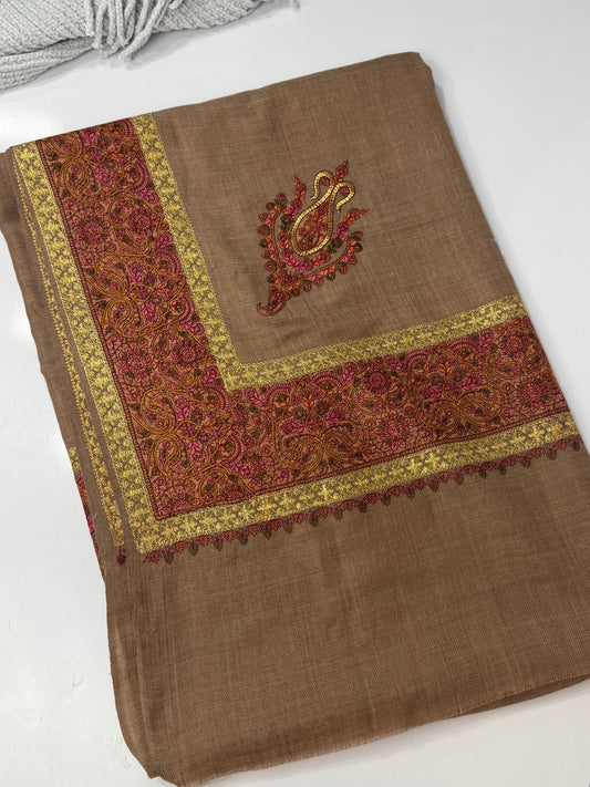 Kashmiri Shawl | Wide Border Papermache Tilla Embroidery Made in Kashmir Pure Pashmina | Dark Skin