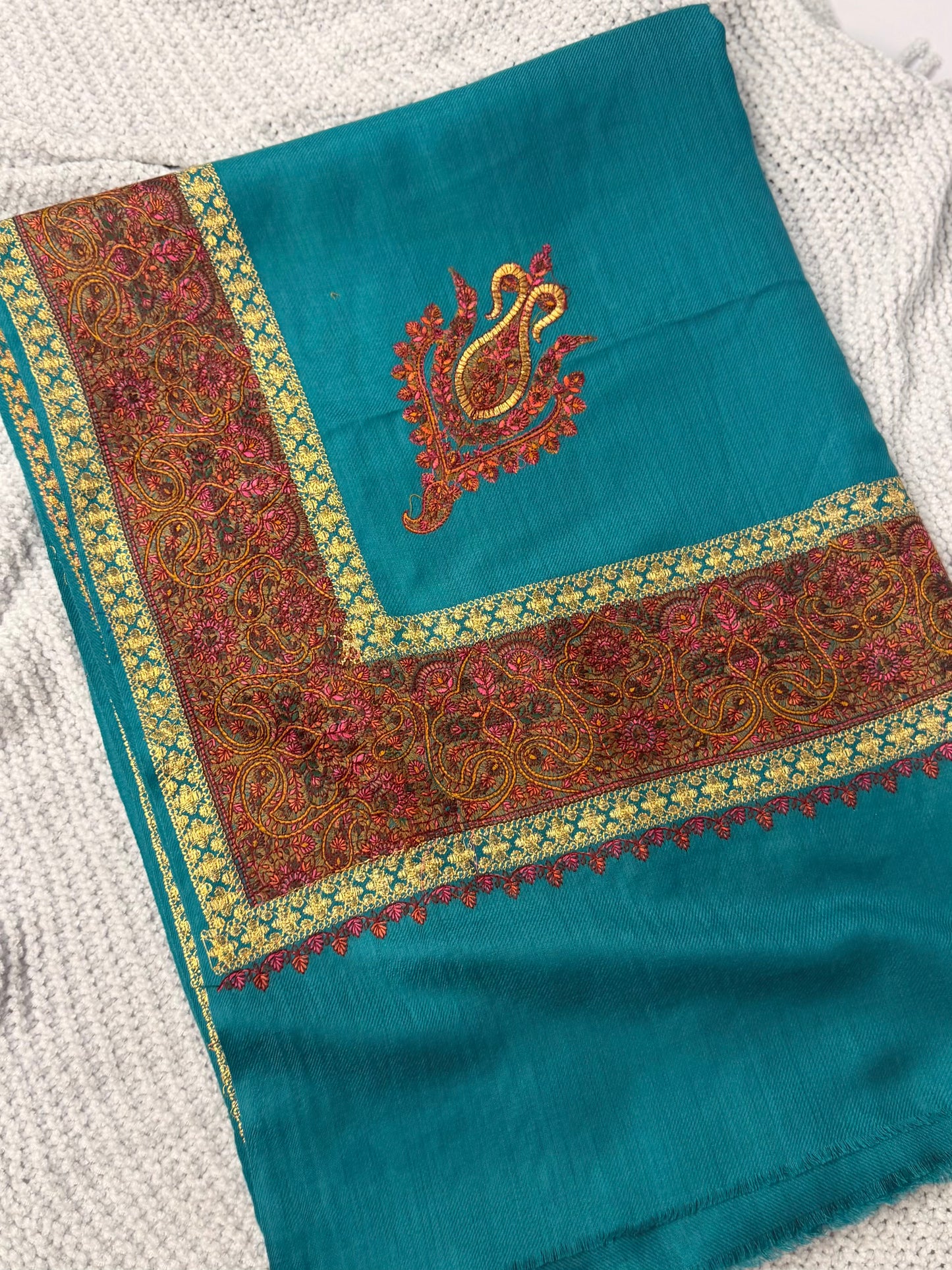 Kashmiri Shawl | Wide Border Papermache Tilla Embroidery Made in Kashmir Pure Pashmina | Sea Green