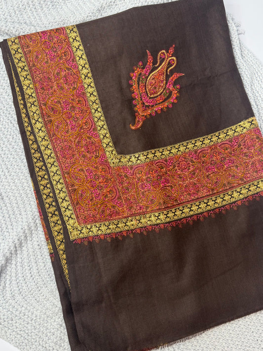 Kashmiri Shawl | Wide Border Papermache Tilla Embroidery Made in Kashmir Pure Pashmina | Brown