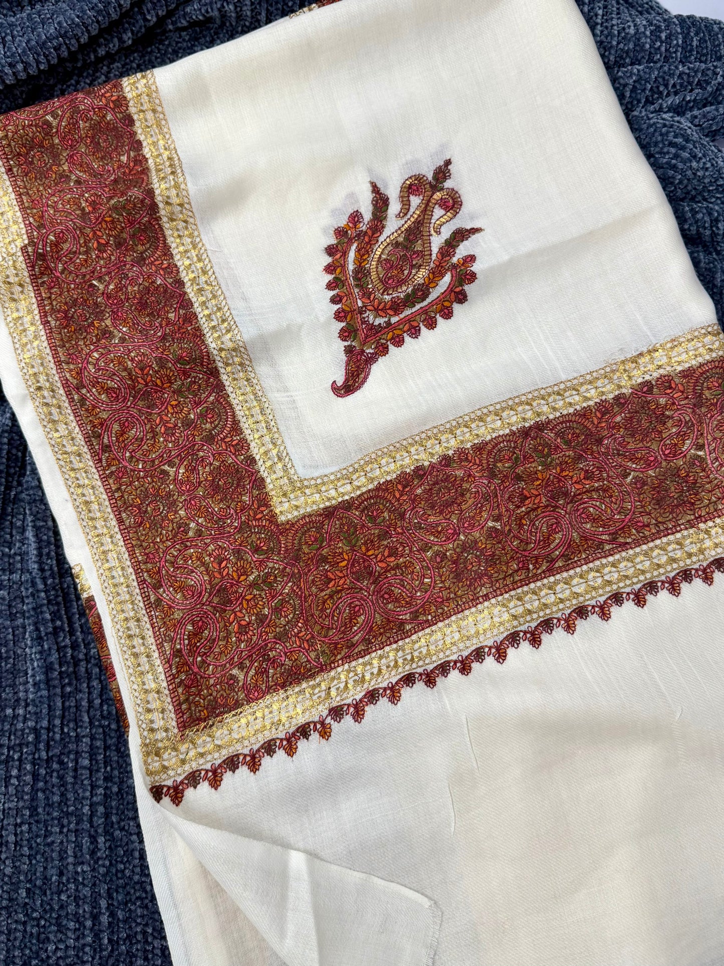 Kashmiri Shawl | Wide Border Papermache Tilla Embroidery Made in Kashmir Pure Pashmina | Off White