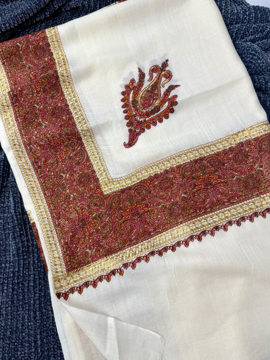 Kashmiri Shawl | Wide Border Papermache Tilla Embroidery Made in Kashmir Pure Pashmina | Off White
