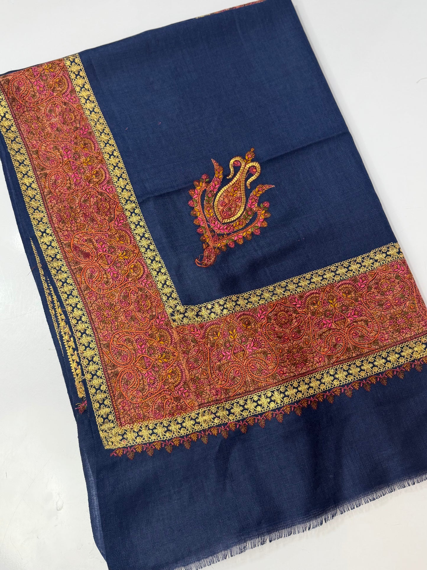 Kashmiri Shawl | Wide Border Papermache Tilla Embroidery Made in Kashmir Pure Pashmina | Blue