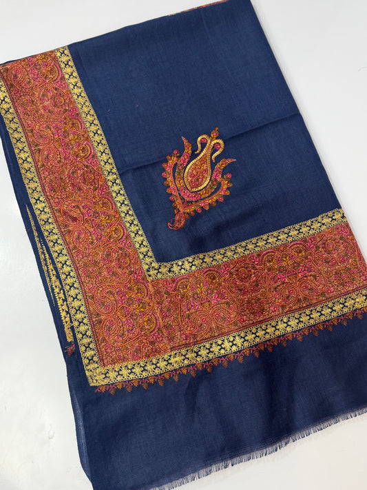 Kashmiri Shawl | Wide Border Papermache Tilla Embroidery Made in Kashmir Pure Pashmina | Blue