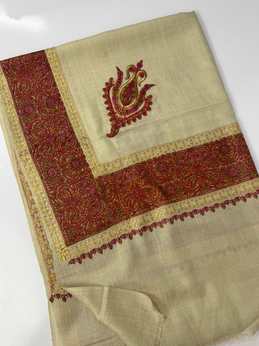 Kashmiri Shawl | Wide Border Papermache Tilla Embroidery Made in Kashmir Pure Pashmina | Light Skin