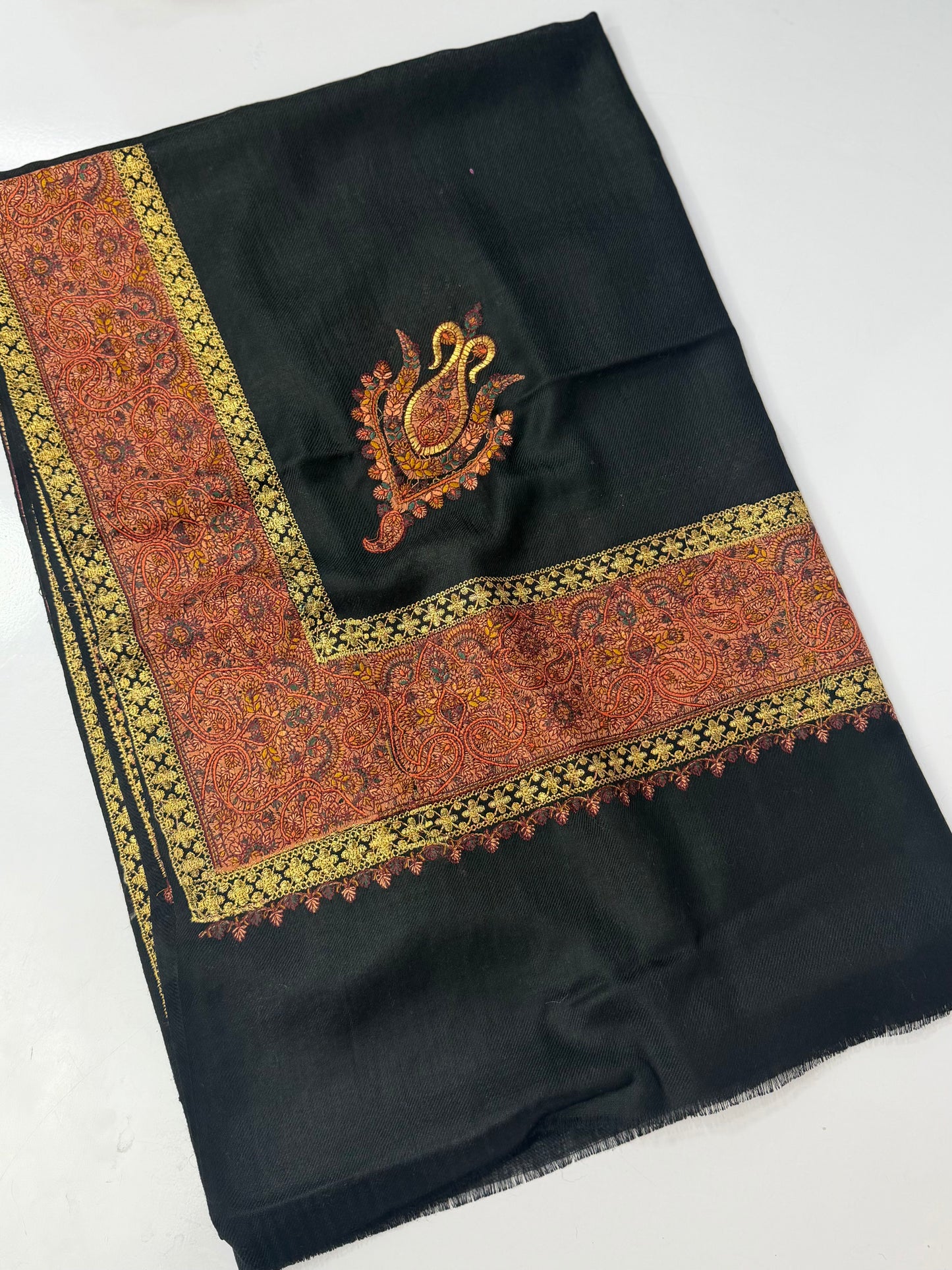 Kashmiri Shawl | Wide Border Papermache Tilla Embroidery Made in Kashmir Pure Pashmina | Black