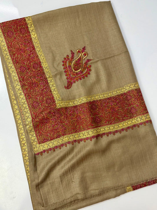 Kashmiri Shawl | Wide Border Papermache Tilla Embroidery Made in Kashmir Pure Pashmina | Skin