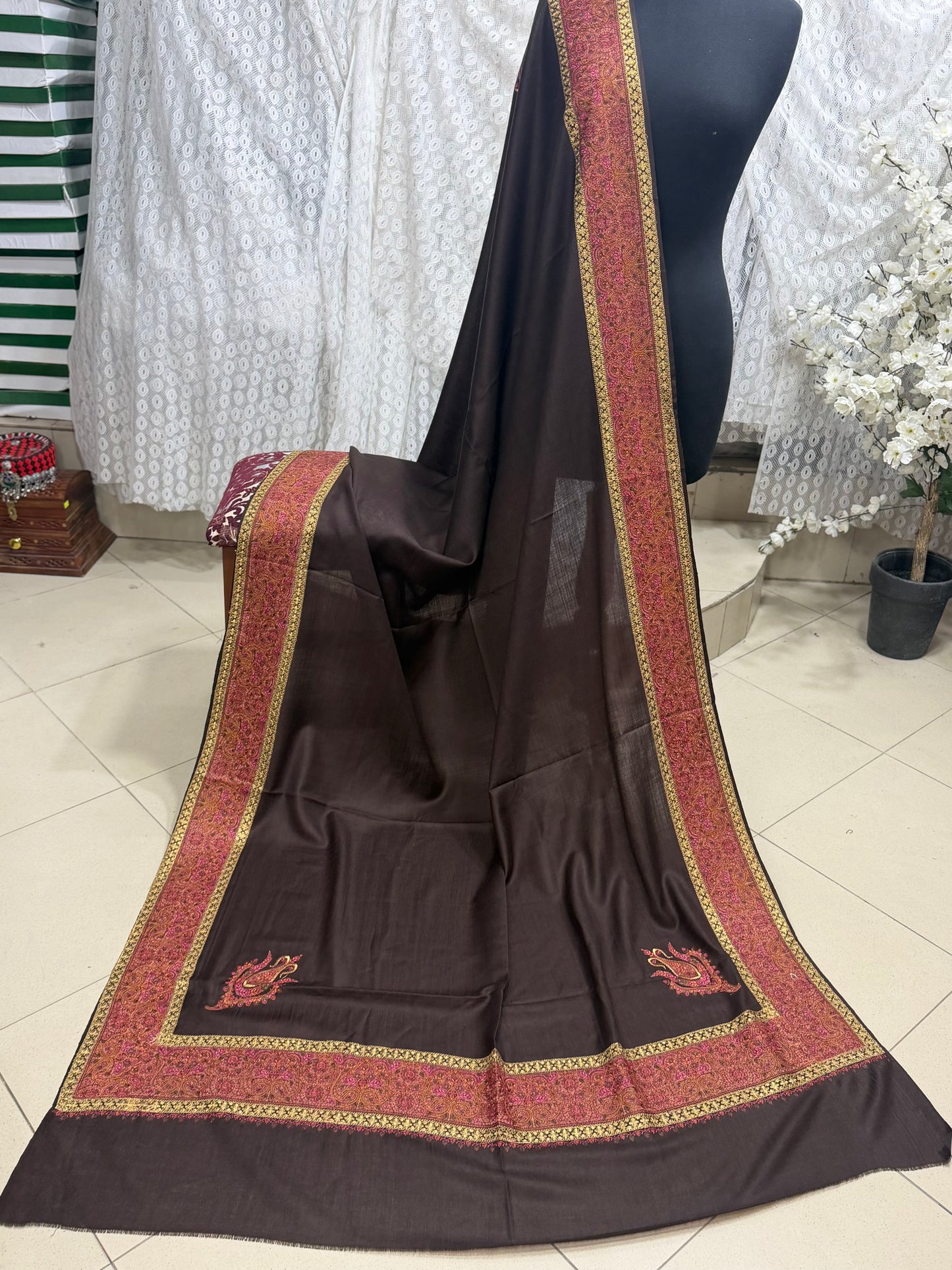 Kashmiri Shawl | Wide Border Papermache Tilla Embroidery Made in Kashmir Pure Pashmina | Brown