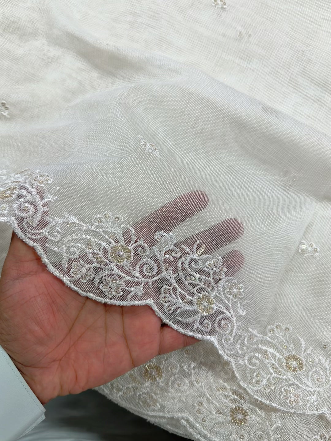 Cotton Net Embroidered Dupatta Border and Bouti Work