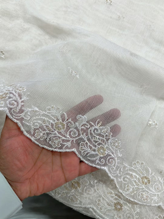 Cotton Net Embroidered Dupatta Border and Bouti Work