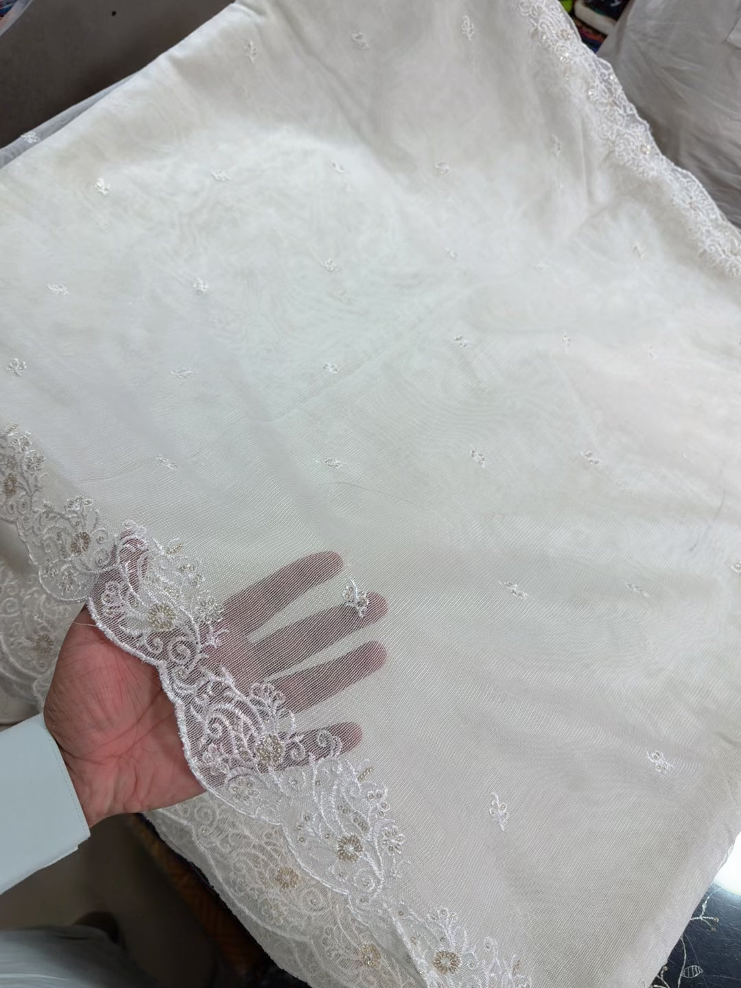 Cotton Net Embroidered Dupatta Border and Bouti Work