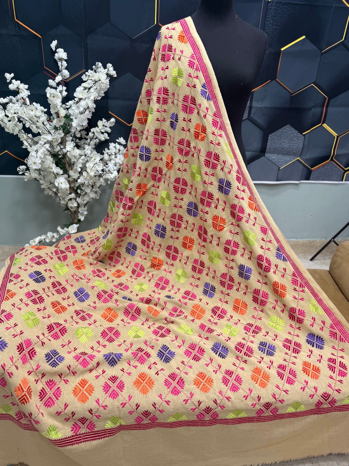 Phulkari Full Size Shawl | Handmade Khaddar Jaal Bagh Winter Shawl Perfect Gift
