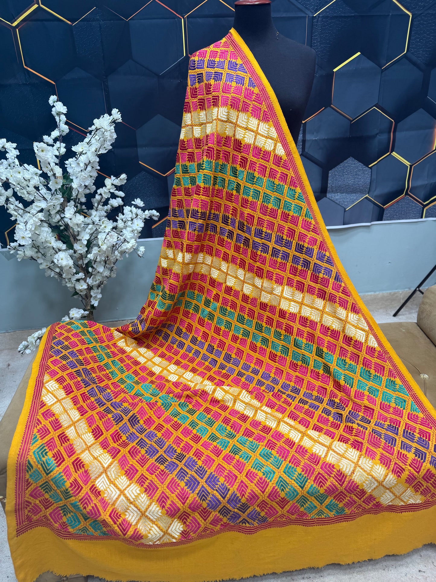Phulkari Full Size Shawl | Handmade Khaddar Jaal Bagh Winter Shawl Perfect Gift