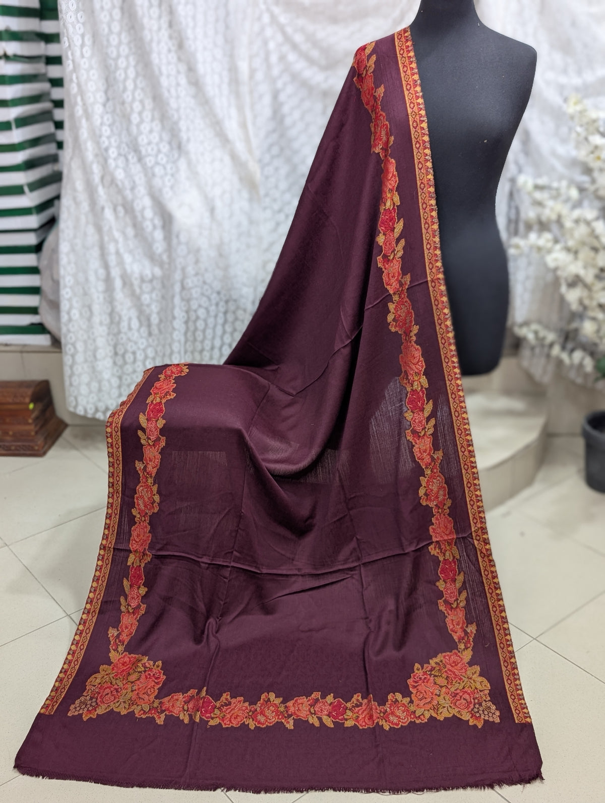Pashmina Wool Kani Border Shawl in Full Size Gulabkar Border | Plum