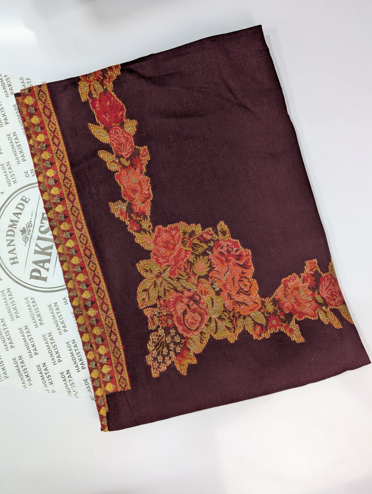 Pashmina Wool Kani Border Shawl in Full Size Gulabkar Border | Plum
