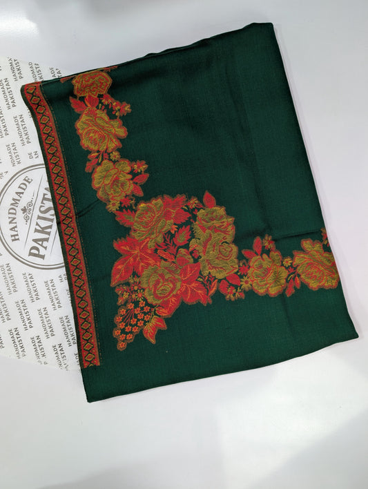 Pashmina Wool Kani Border Shawl in Full Size Gulabkar Border | Green
