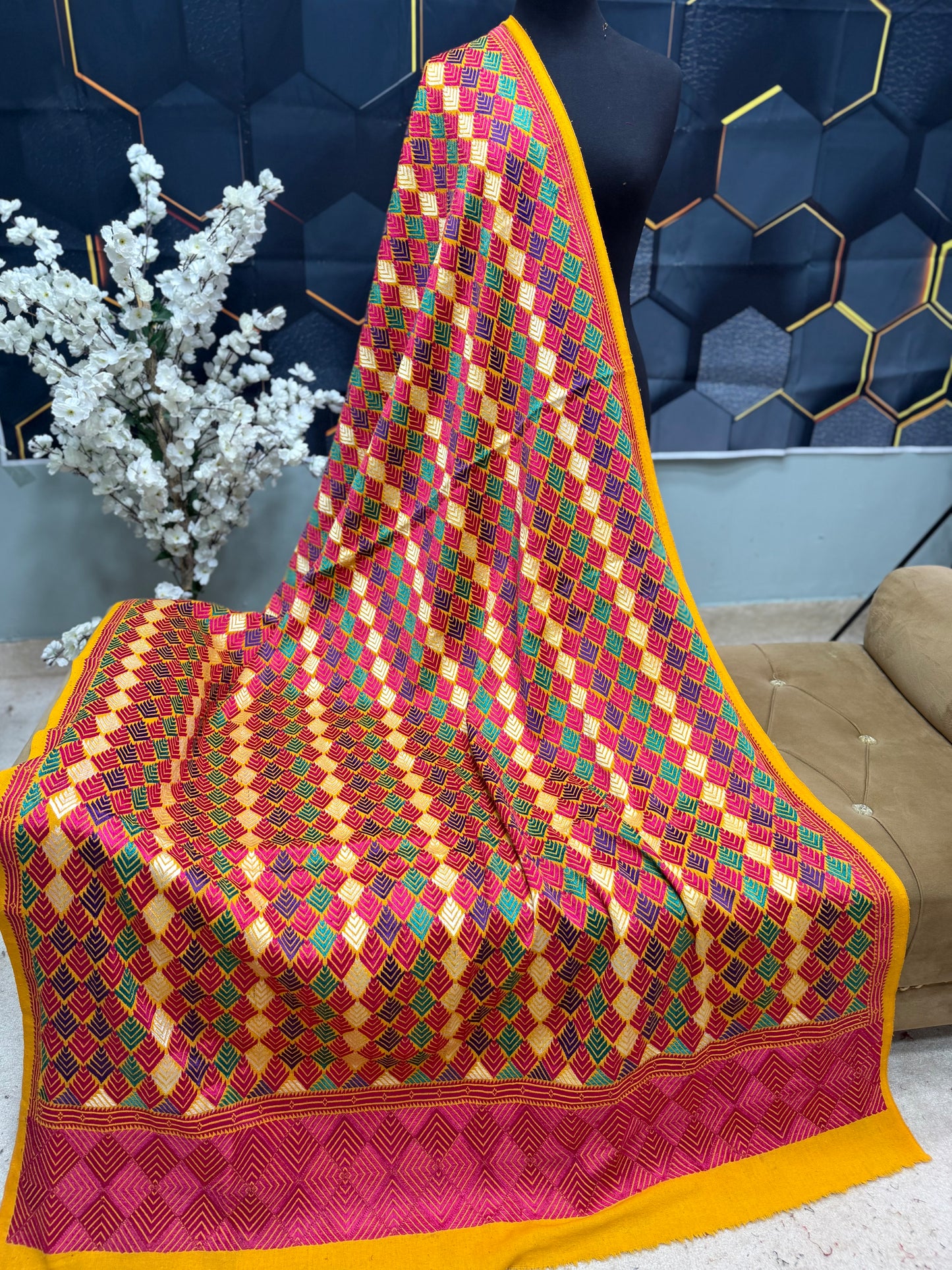 Phulkari Full Size Shawl | Handmade Khaddar Jaal Bagh Winter Shawl Perfect Gift