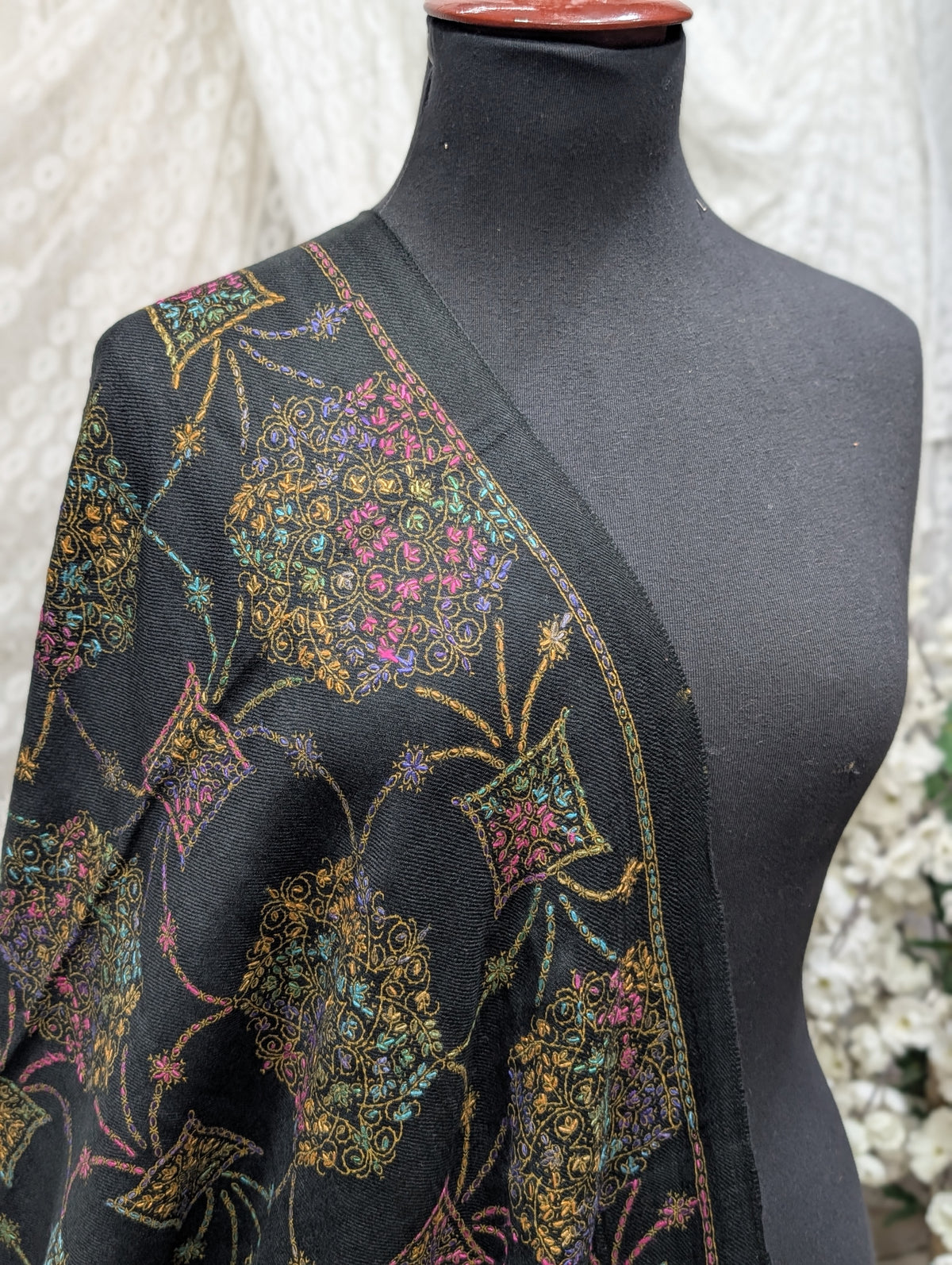 Pashmina Shawl | Hand Embroidery on Print Beautiful Shawl |  Black