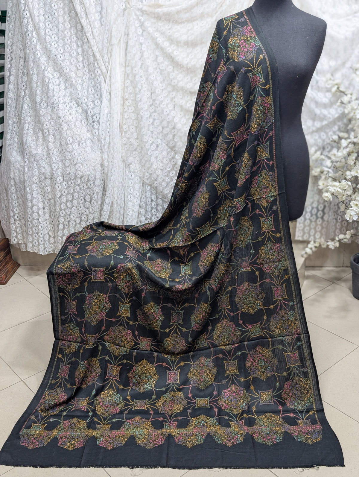 Pashmina Shawl | Hand Embroidery on Print Beautiful Shawl |  Black