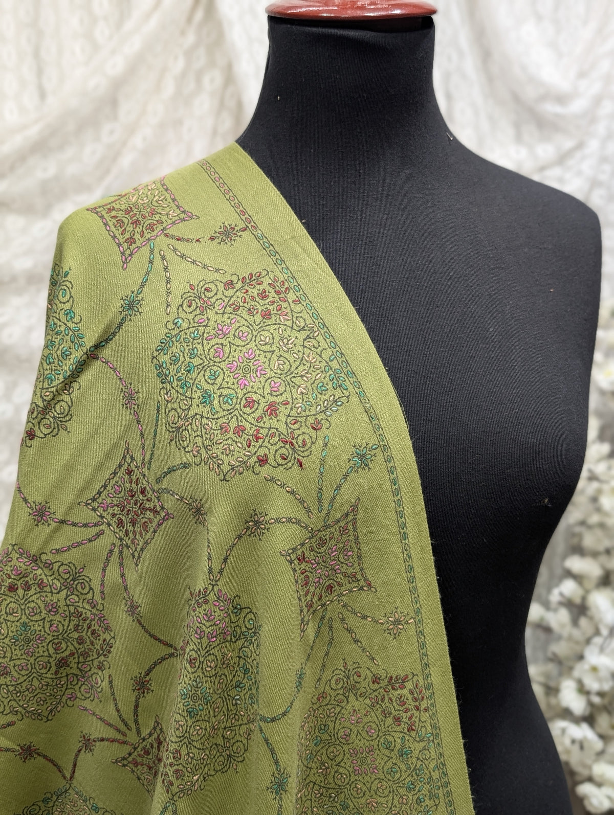 Pashmina Shawl | Hand Embroidery on Print Beautiful Shawl | Pista Green