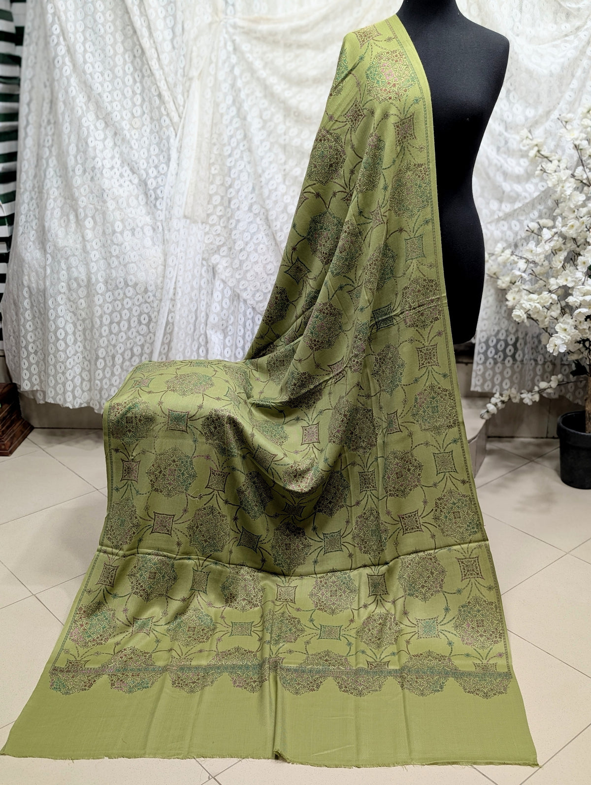 Pashmina Shawl | Hand Embroidery on Print Beautiful Shawl | Pista Green