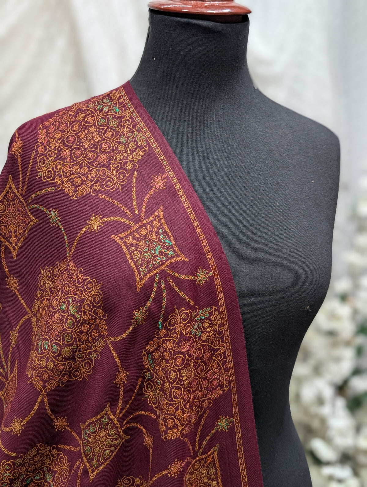 Pashmina Shawl | Hand Embroidery on Print Beautiful Shawl | Burgundy