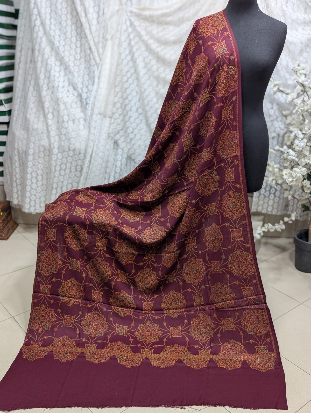 Pashmina Shawl | Hand Embroidery on Print Beautiful Shawl | Burgundy