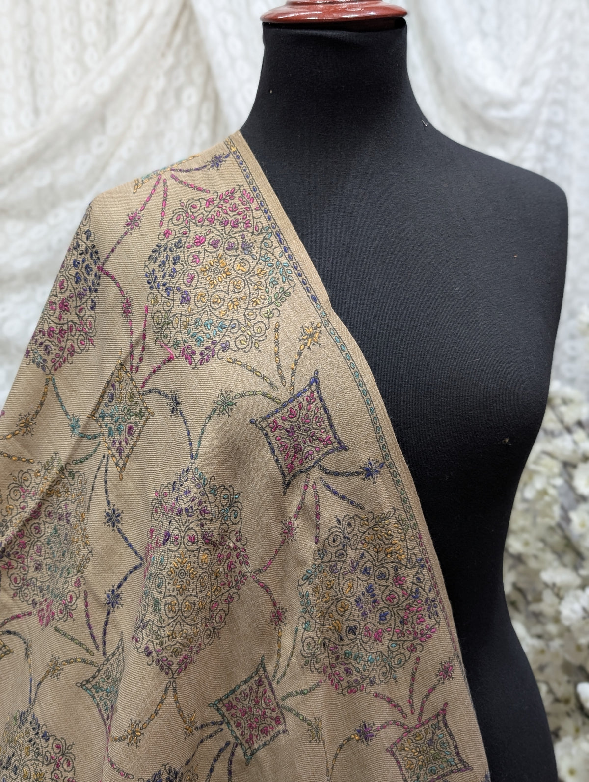 Pashmina Shawl | Hand Embroidery on Print Beautiful Shawl | Dark Skin